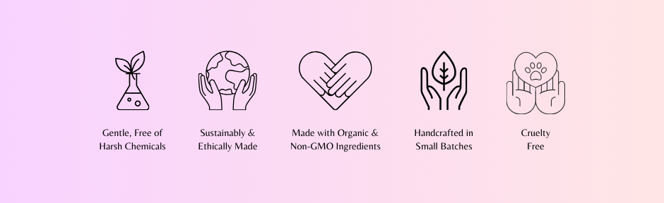 Set of icons and text on a pink background, emphasizing sustainable and ethical product attributes.